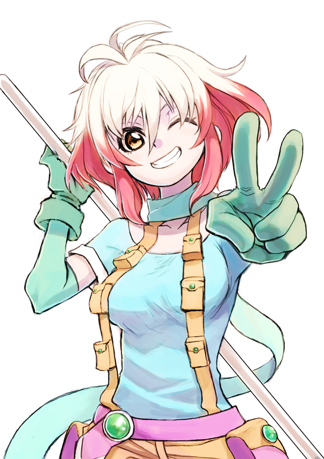 aosa_(momikin), bad_id, bust, grin, momikin, multicolored_hair, pascal, polearm, red_hair, redhead, shirt, short_hair, simple_background, smile, solo, tales_of_(series), tales_of_graces, two-tone_hair, v, weapon, white_background, white_hair, wink, yellow_eyes