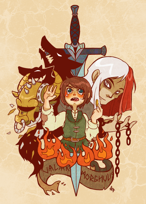 1girl, a_song_of_ice_and_fire, arya_stark, brown_hair, coin, crossdressinging, fire, helmet, jaqen_h'ghar, jaqen_h'ghar, long_hair, multicolored_hair, open_mouth, reverse_trap, shadow, short_hair, smile, supatomic, sword, tears, weapon, wolf