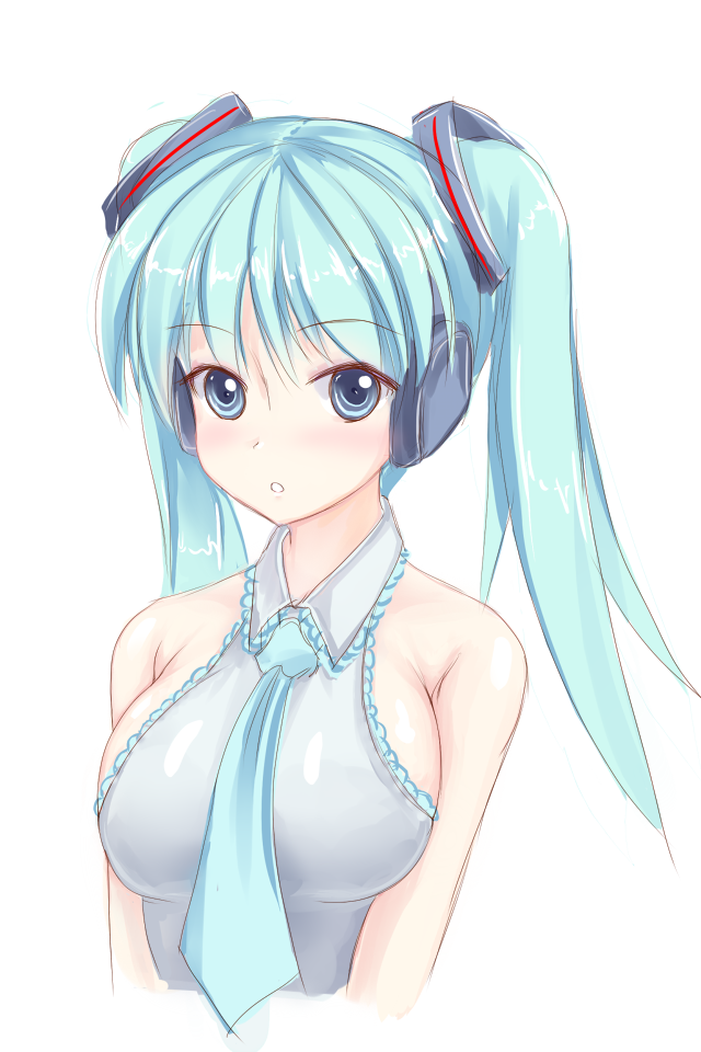 aqua_eyes, aqua_hair, bare_shoulders, breasts, hatsune_miku, headphones, large_breasts, minazuki_(jo)