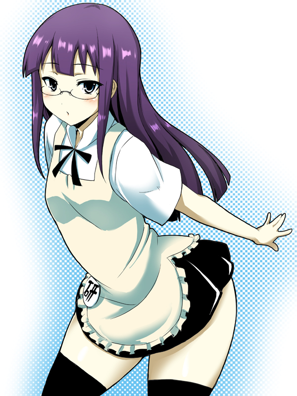 apron, badge, bespectacled, black_legwear, blue_eyes, glasses, leaning_forward, long_hair