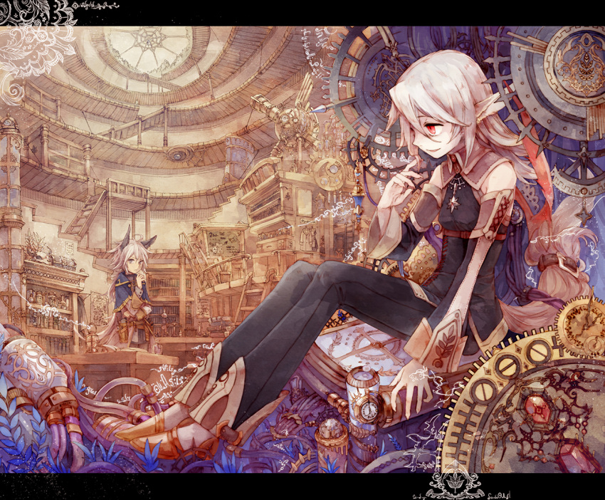 1girl, animal_ears, belt, blue_eyes, book, bookshelf, cable, chalkboard, clock, detached_sleeves, elixir, fingernails, flask, gears, hand_in_hair, indoors, jewelry, leaf, letterboxed, long_fingernails, long_hair, mechanical, nemu_(isaya), pixiv_fantasia, pixiv_fantasia_sword_regalia, plant, pointy_ears, potion, red_eyes, rooftop, room, rune, silver_hair, sitting, smile, stairs, telescope, wide_sleeves