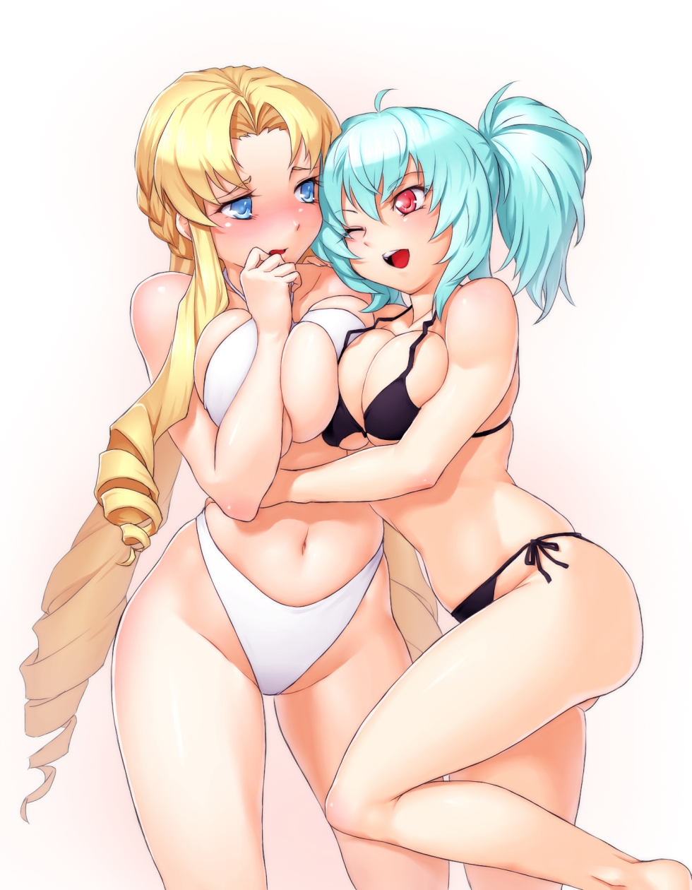 aqua_hair, asymmetrical_docking, bare_shoulders, barefoot, bikini, black_bikini, blonde_hair, blue_eyes