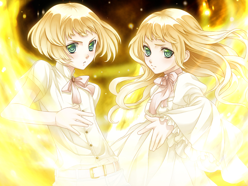 aqua_eyes, artist_request, belt, dress, fire, frilled_sleeves, game_cg, green_eyes, kago_no_naka_no_alicis, l_(alicis), m_(alicis), ribbon, ribbon_choker, serious, shirt, short_hair, siblings, white_dress, white_shirt, wide_sleeves, yellow