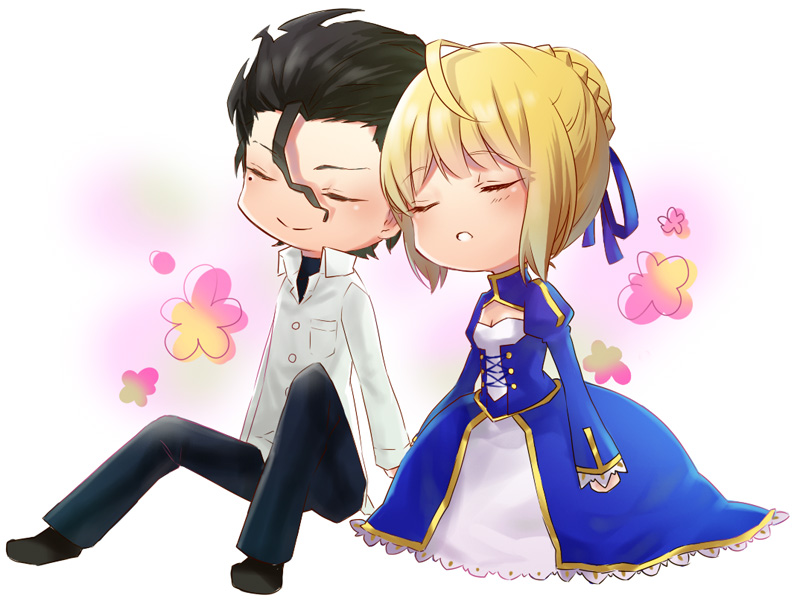 1girl, ahoge, blonde_hair, casual, chibi, dress, fate/zero, fate_(series)