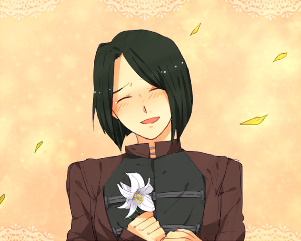 black_hair, blush, bob_cut, fate/zero, fate_(series), flower, hisau_maiya, lily_(flower)