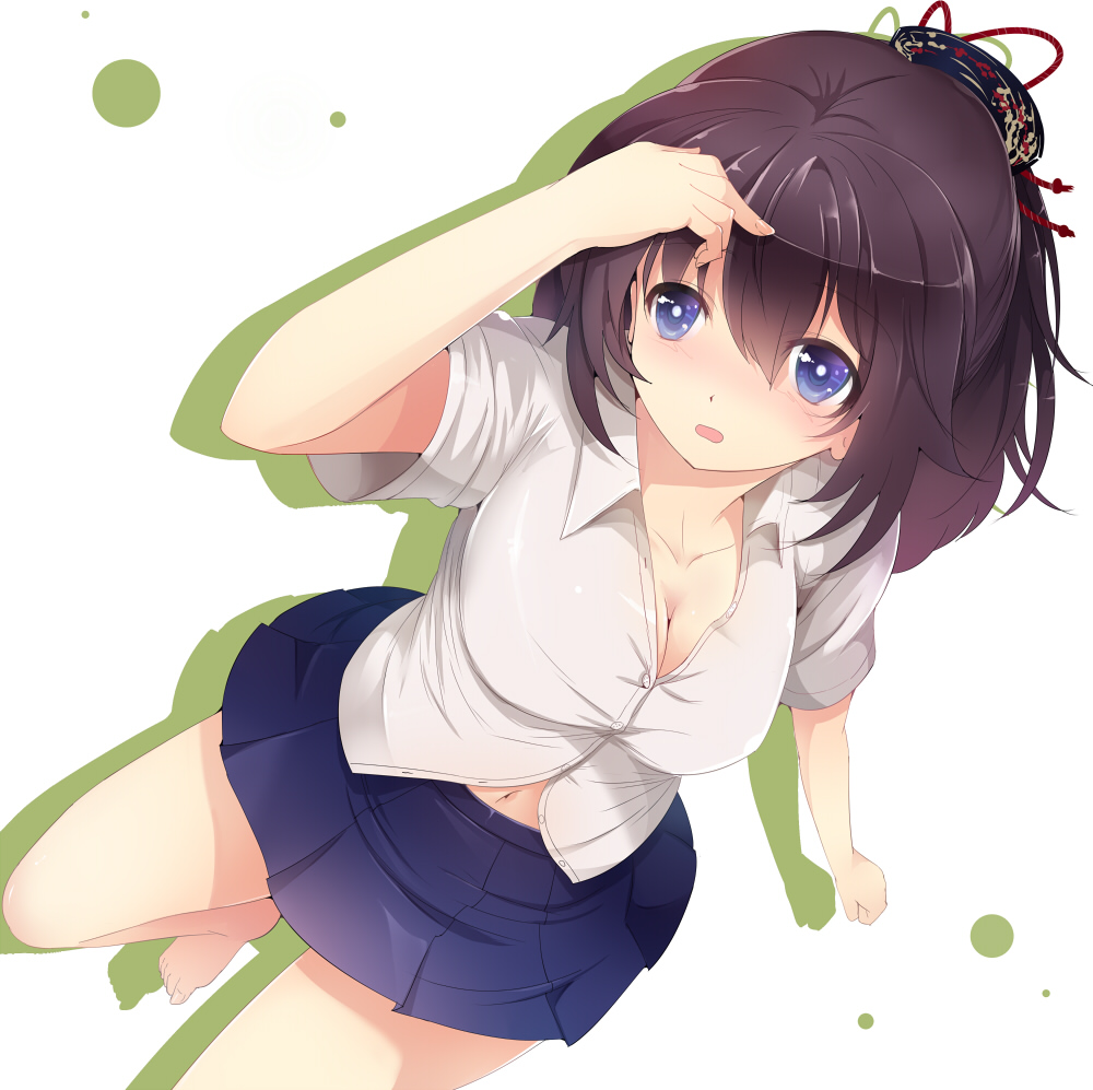 barefoot, black_hair, blue_eyes, blush, breasts, cleavage, collarbone, hair_ornament, large_breasts, navel, open_mouth, original, pleated_skirt, school_uniform, skirt, solo, sts