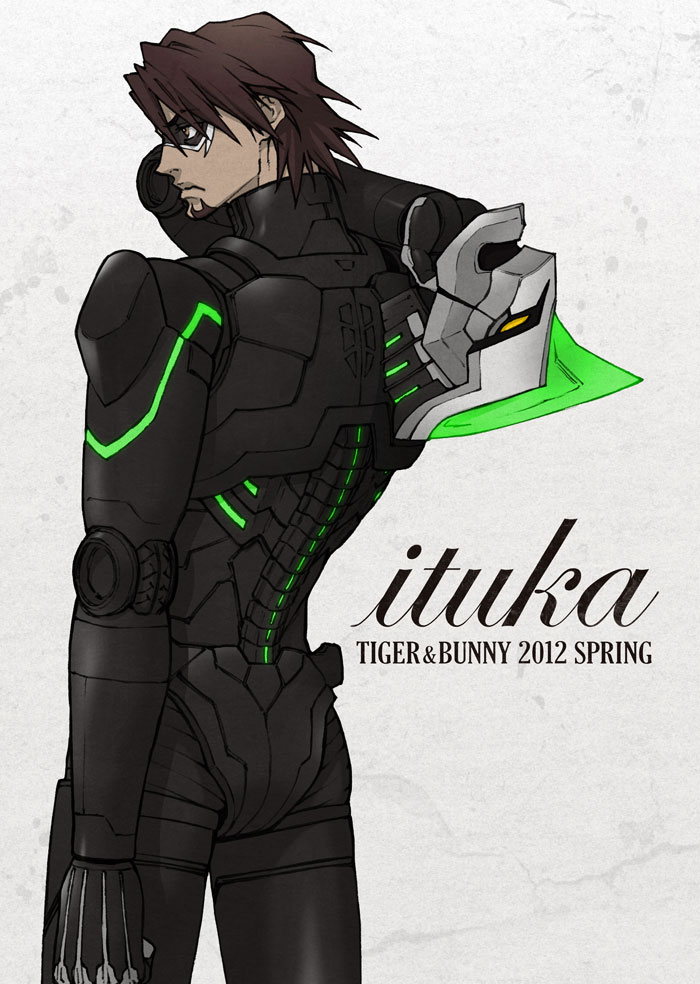 brown_eyes, brown_hair, facial_hair, headwear_removed, helmet, helmet_removed, kaburagi_t_kotetsu, male, mask, power_suit, shirokumaborder, solo, stubble, superhero, tiger_&amp;_bunny, wild_tiger