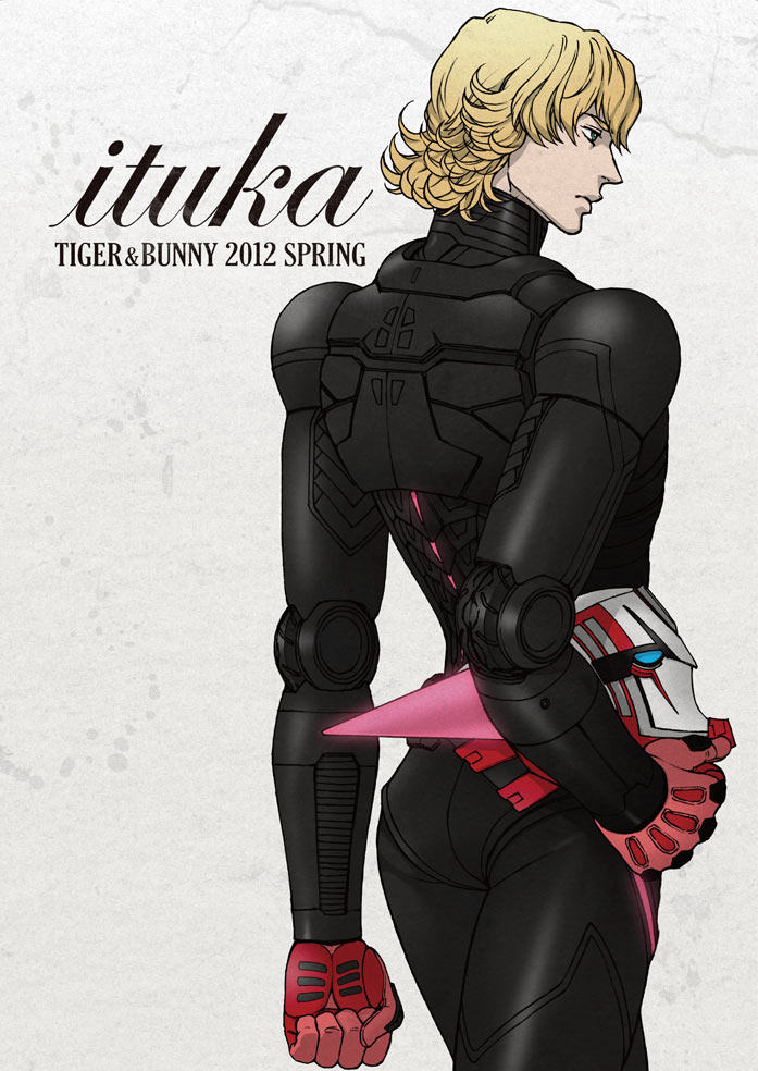 ass, barnaby_brooks_jr, blonde_hair, headwear_removed, helmet, helmet_removed, male, power_suit, shirokumaborder, solo, superhero, tiger_&amp;_bunny