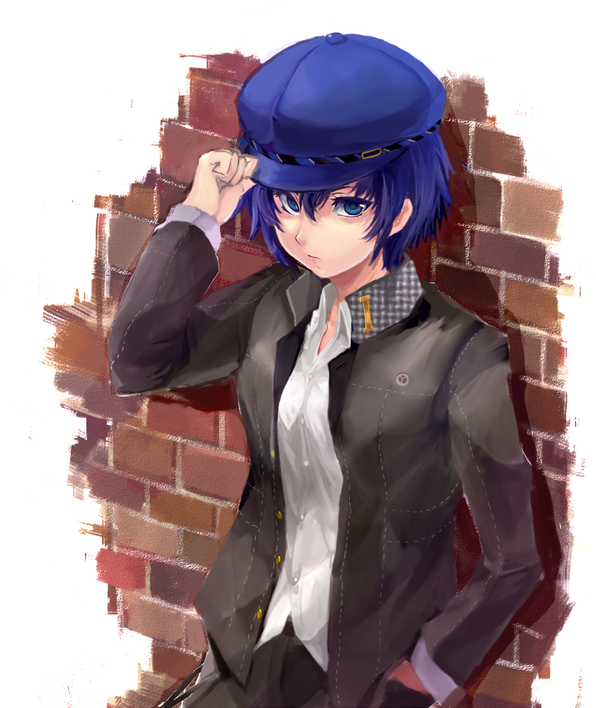 androgynous, blue_eyes, blue_hair, breasts, cabbie_hat, crossdressinging, female, hand_in_pocket, hand_on_hat, hat, jacket, looking_at_viewer, pants, persona, persona_4, reverse_trap, school_uniform, serious, shirogane_naoto, solo, sowamame, standing, tomboy