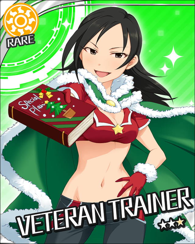 :d, black_hair, book, breasts, cape, christmas, cleavage, crop_top