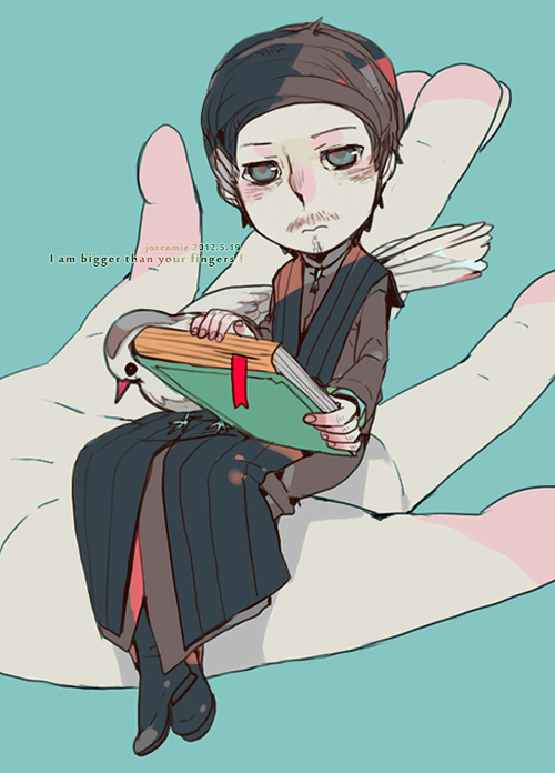 a_song_of_ice_and_fire, bird, blue_eyes, book, brown_hair, chibi, facial_hair, hands
