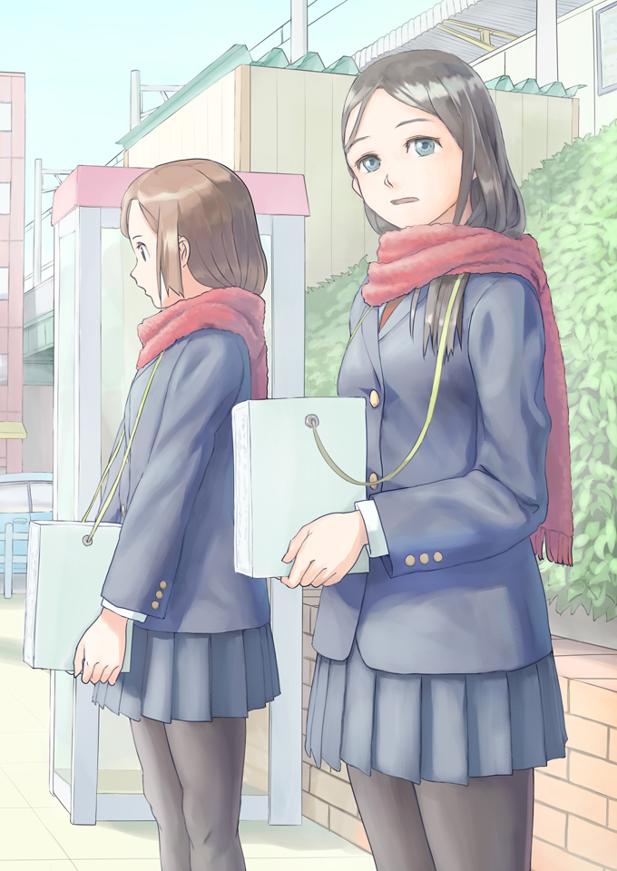 black_hair, blue_eyes, box, brown_hair, copyright_request, donation_box, long_hair, multiple_girls