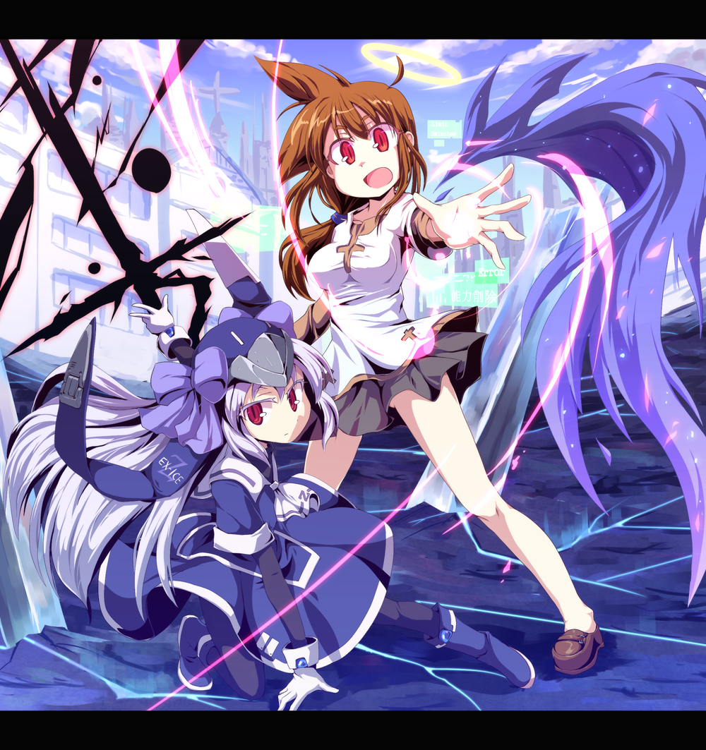 aoi_sora_(ukagaka), boots, bow, breasts, brown_hair, exice-zero, gloves, halo