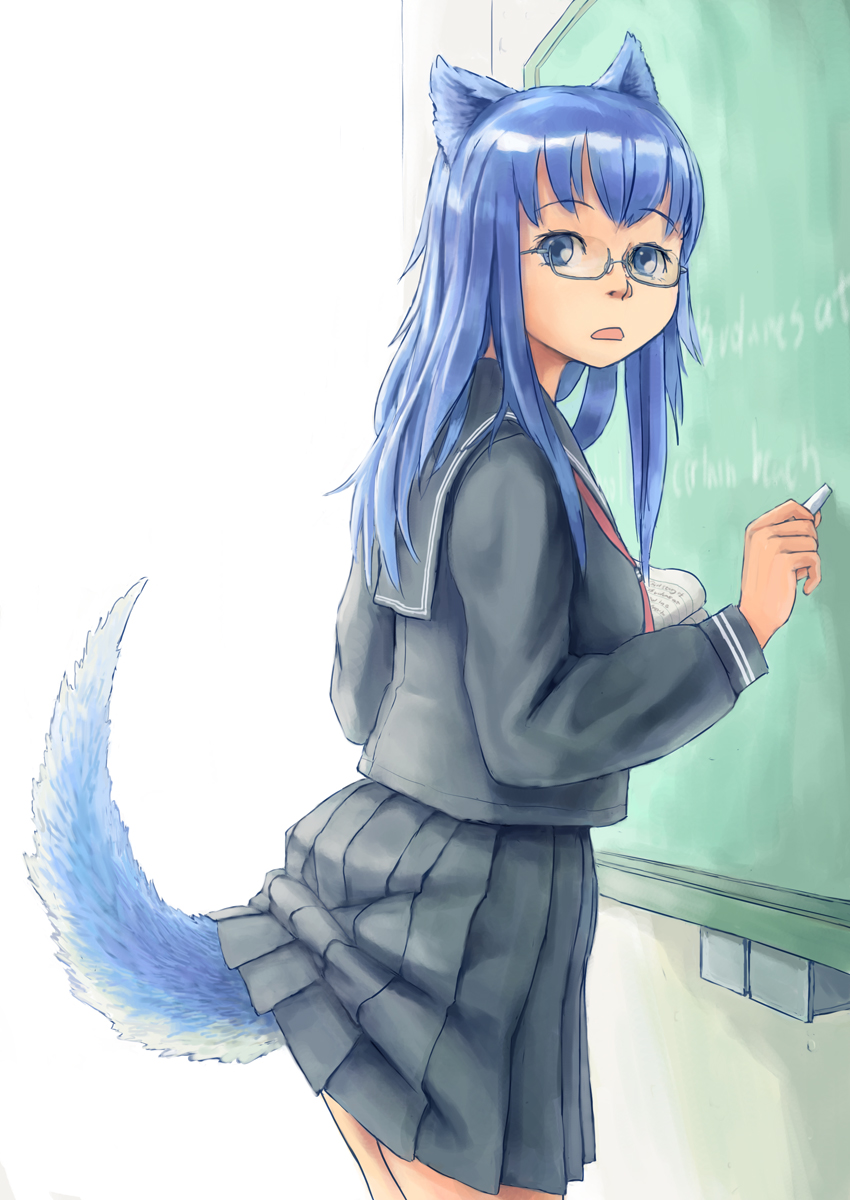 animal_ears, blue_eyes, blue_hair, chalk, chalkboard, copyright_request, glasses, highres