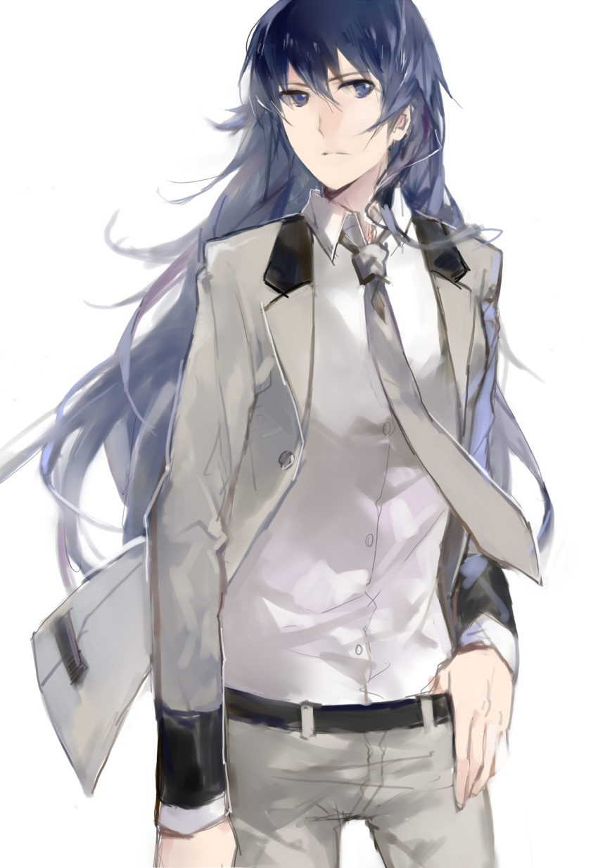absurdres, adult, belt, blue_eyes, blue_hair, cotta, flat_chest, formal, hand_on_belt, highres, jacket, long_hair, looking_at_viewer, necktie, older, pants, persona, persona_4, persona_x_detective, serious, shirogane_naoto, solo, standing, suit