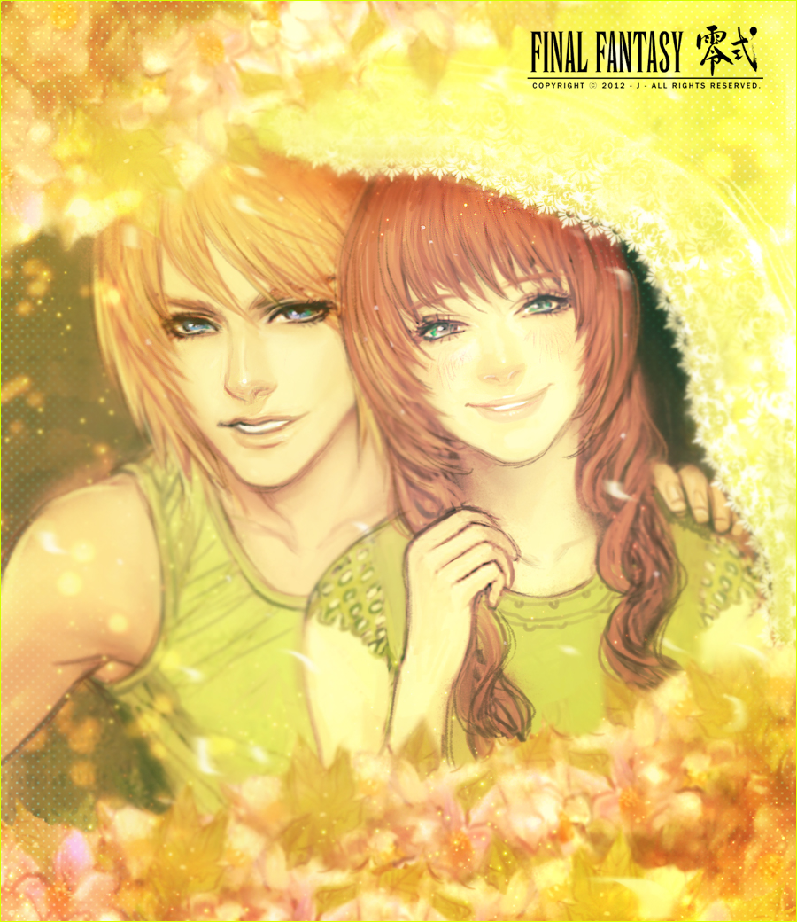 1girl, blonde_hair, blue_eyes, brown_hair, cinque_(fft-0), final_fantasy, final_fantasy_type-0, logo