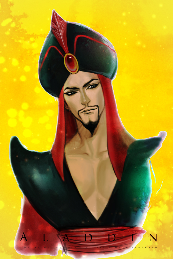 aladdin_(disney), black_eyes, black_hair, disney, facial_hair, goatee, hat_feather, jafar, male, mustache, onose121, onose1213, realistic, red_eyes, solo, title_drop, turban