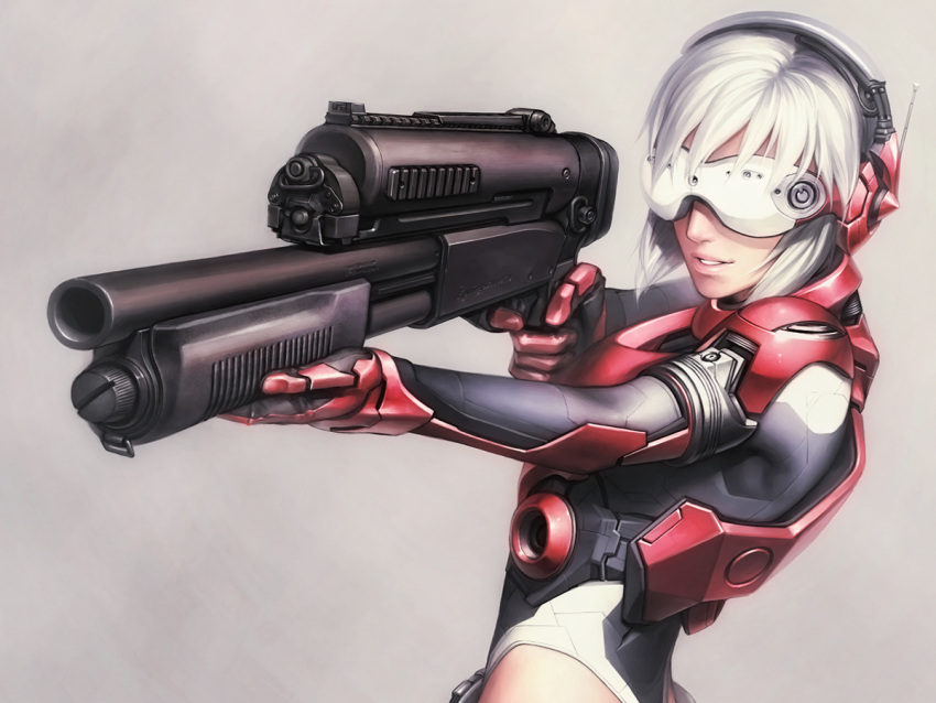 android, armor, bangs, bodysuit, cyberpunk, cyborg, glasses, gun