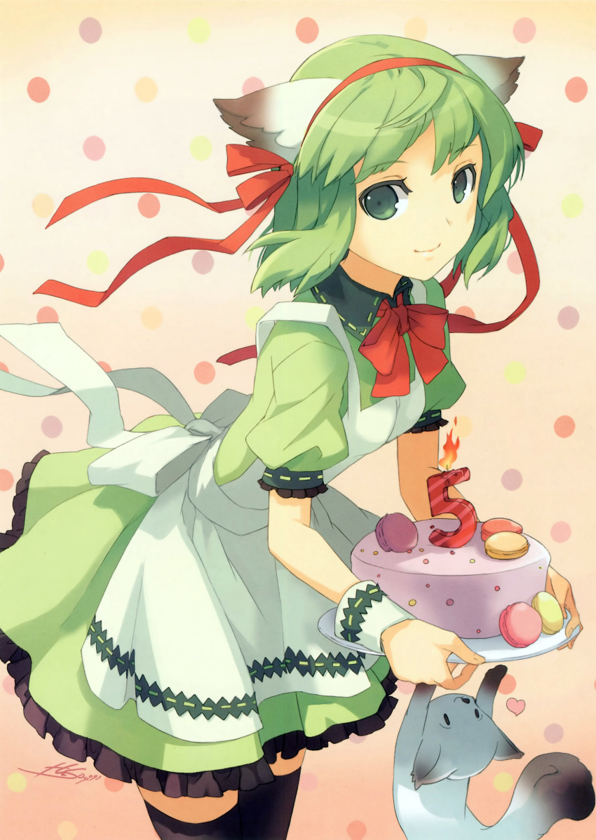 absurdres, animal_ears, apron, birthday, black_legwear, bowtie, cake, candle, food, green_eyes, green_hair, greenwood, h2so4, hair_ribbon, highres, looking_at_viewer, midori_(greenwood), original, pastry, ribbon, short_hair, smile, solo, thigh-highs, thighhighs, waitress, wrist_cuffs