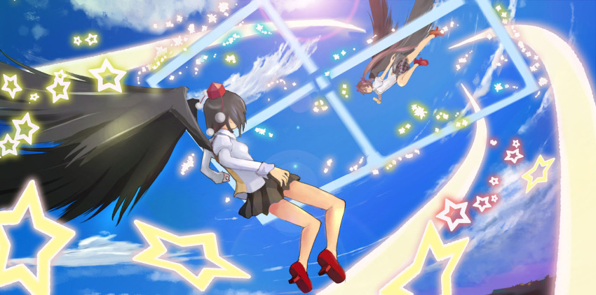 bad_id, black_hair, black_skirt, blue_sky, brown_hair, cellphone, checkered, cloud