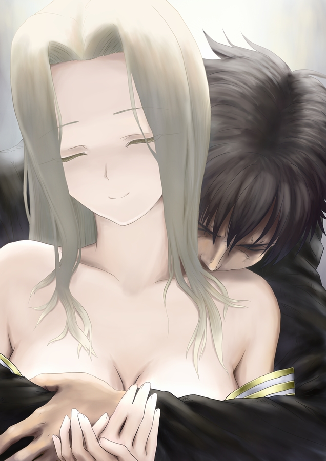 breasts, brown_hair, cleavage, closed_eyes, emiya_kiritsugu, eyes_closed, fate/zero, fate_(series)