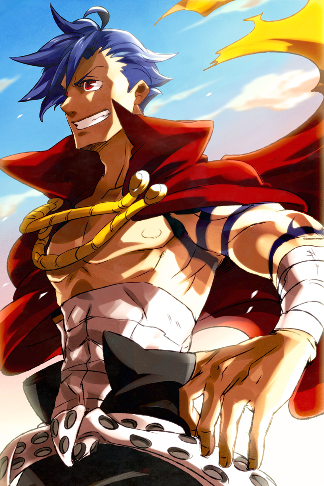 abitu, bandage, bandages, belt, blue_hair, cape, grin, kamina