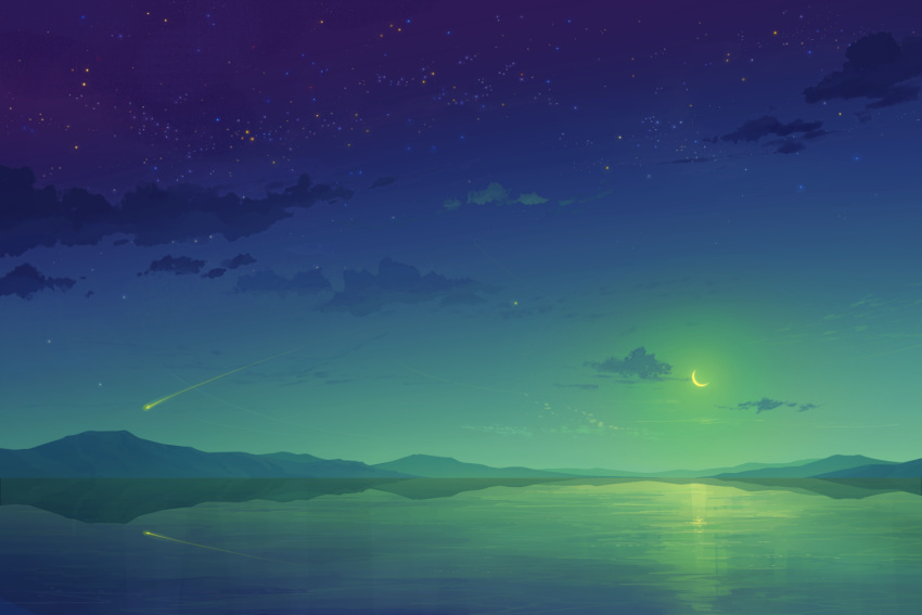 cloud, comet, crescent, crescent_moon, green, juuyonkou, lake, meteor