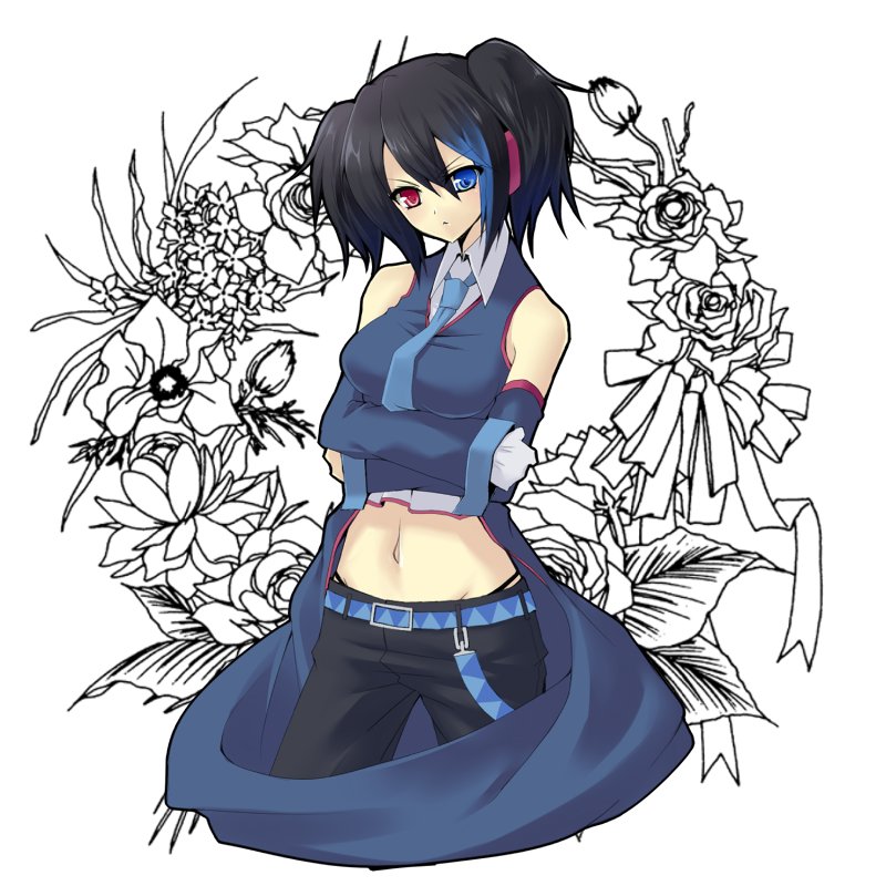 blue_eyes, detached_sleeves, headphones, heterochromia, jpeg_artifacts, minoru, navel, necktie