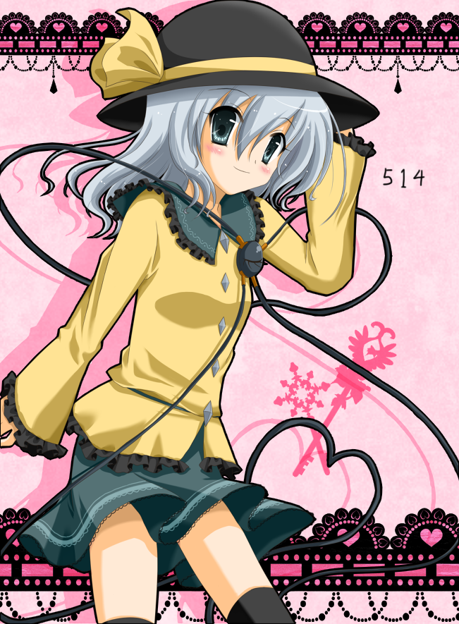 blush, grey_eyes, komeiji_koishi, remoyona, silver_hair, skirt, smile, solo