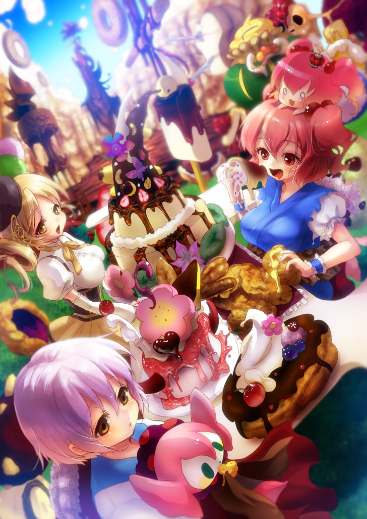 4girls, blonde_hair, blurry, breasts, cake, charlotte_(madoka_magica), cheese, cherry
