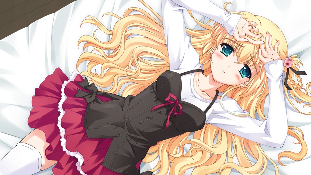aqua_eyes, arms_up, artist_request, bed, blonde_hair, blush, dutch_angle, flower, game_cg, hair_flower, hair_ornament, kandachi_kina, kandatsu_kina, long_hair, long_sleeves, lying, nekoneko_soft, ribbon, skirt, solo, thigh-highs, thighhighs, white_legwear, yukiiro
