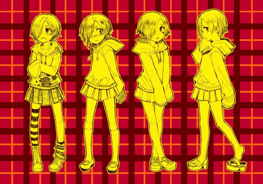 hoodie, idolmaster, idolmaster_cinderella_girls, pleated_skirt, ruiko_(sad), sandals, shirasaka_koume, shoe_dangle, short_hair, skirt, sleeves_past_wrists, socks, striped, striped_socks
