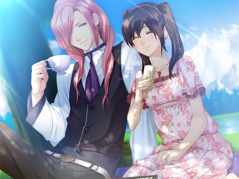 1girl, artist_request, belt, brown_hair, casual, closed_eyes, cup, darren