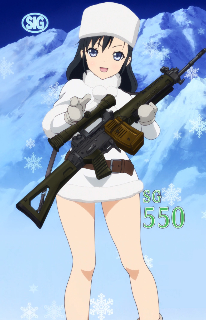 absurdres, assault_rifle, black_hair, blue_eyes, fur_coat, fur_hat, gun, hat, highres, legs, mittens, mountain, open_mouth, pointing, pointing_at_viewer, product_placement, rifle, scope, screencap, sg550_(upotte!!), sig_550, sling, smile, snowflakes, stitched, upotte!!, weapon