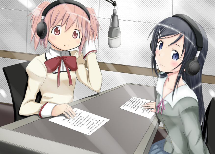 aragaki_ayase, black_hair, blue_eyes, crossover, hand_on_headphones, hayami_saori, headphones, kaname_madoka