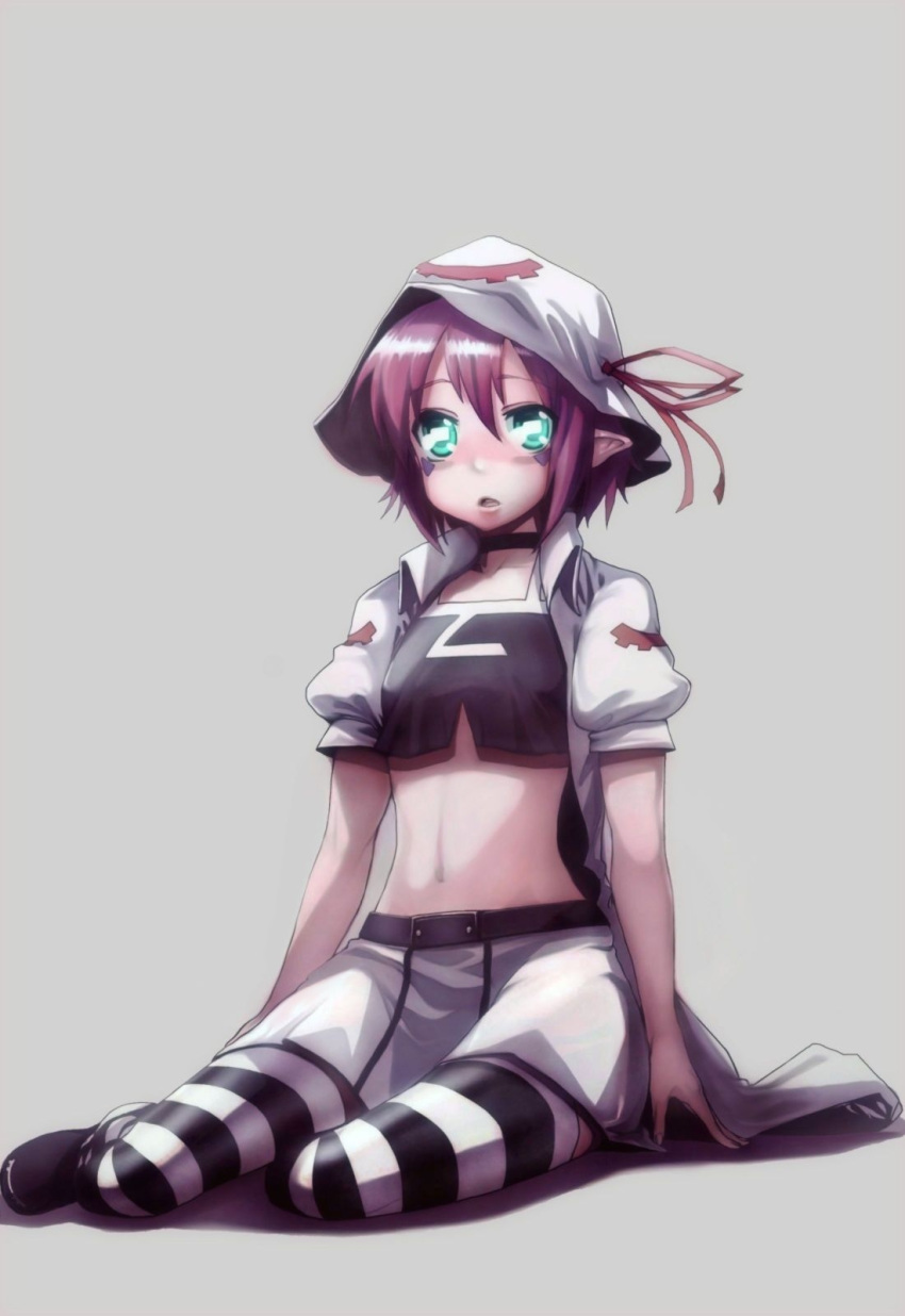 choker, facial_mark, green_eyes, grey_background, hat, highres, kiki_(uxoia), merry_nightmare