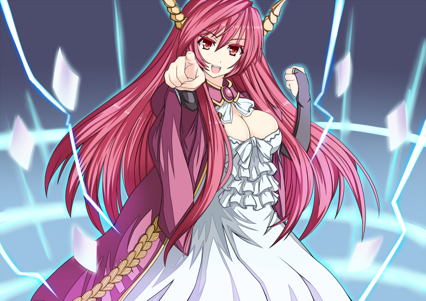 breasts, cleavage, clenched_hand, dress, eihou_(syou1022), horns, long_hair, looking_at_viewer, maou_(maoyuu), maoyuu_maou_yuusha, parody, pointing, red_eyes, red_hair, redhead, sakae_ootori