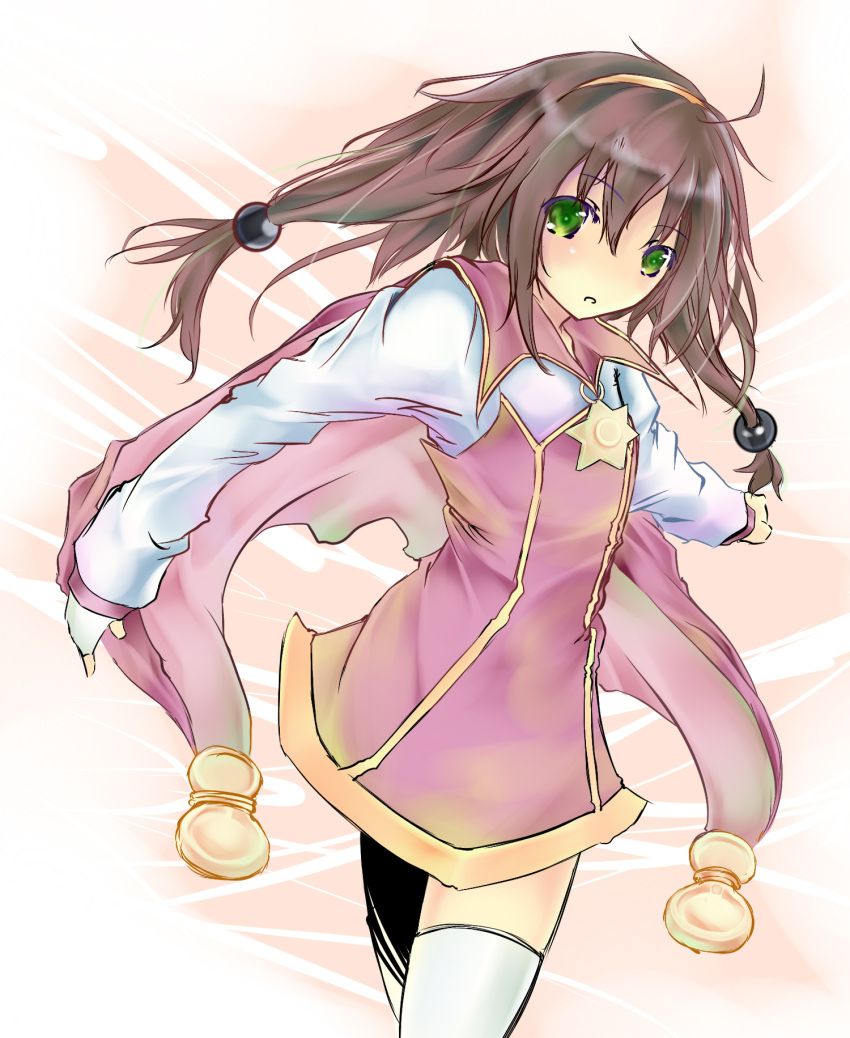 brown_hair, cape, coat, expressionless, green_eyes, hairband, highres, lilka_eleniak, long_hair, long_hair_tied_low, low-tied_long_hair, mag_(giraffe009), no_nose, skirt, solo, thigh-highs, thighhighs, twintails, white_legwear, wild_arms, wild_arms_2