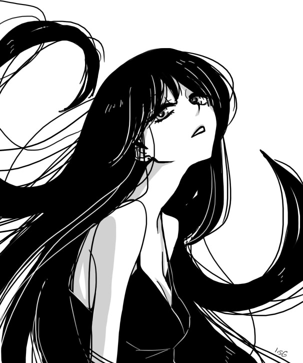 bare_shoulders, bishoujo_senshi_sailor_moon, black_hair, flat_gaze, high_contrast, hino_rei, lisginka, long_hair, monochrome, signature, solo, white_background