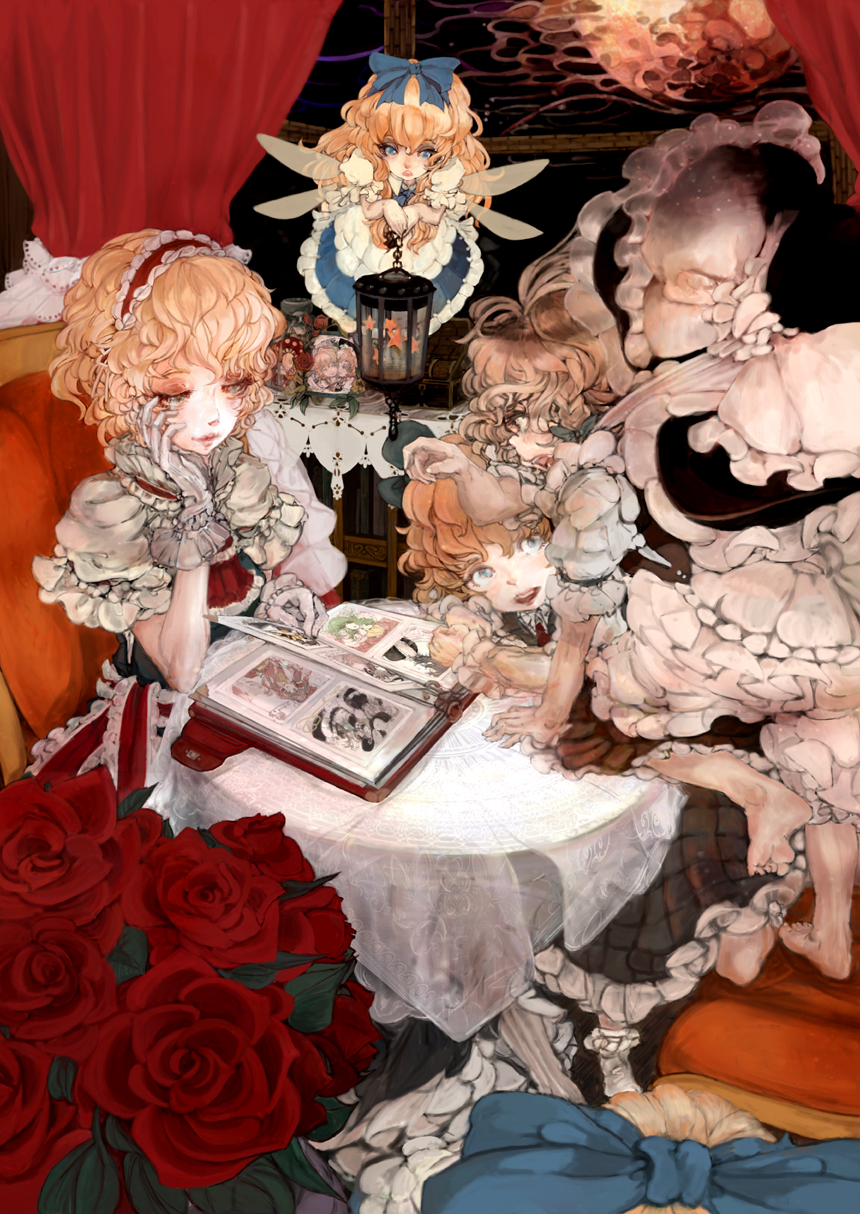 album_cover, alice_margatroid, bataunco, blonde_hair, bow, capelet, character_request, chin_rest