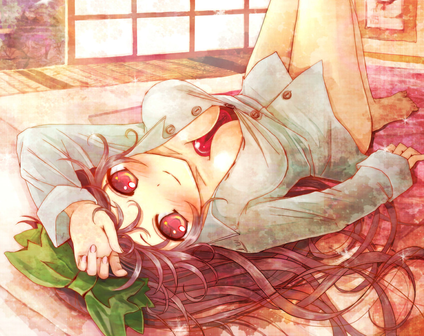 bad_id, bottomless, breasts, brown_eyes, brown_hair, cleavage, dress_shirt, highres