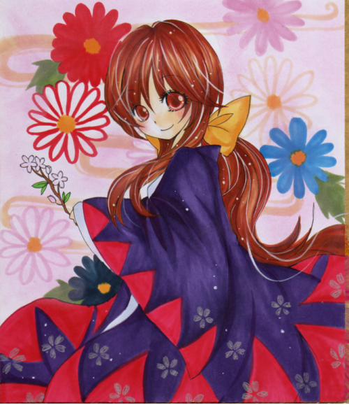 brown_hair, flower, japanese_clothes, kotohime, marker_(medium), mizame, ribbon, shikishi, smile, touhou, touhou_(pc-98), traditional_media