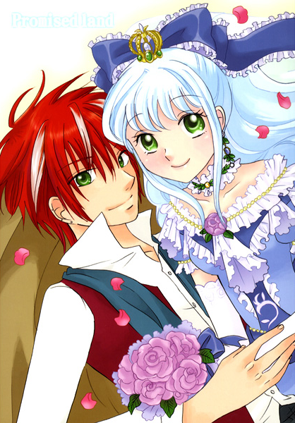 angelique_(neo_angelique), blue_hair, bow, cover, cover_page, doujin_cover, flower, green_eyes, hair_bow, multicolored_hair, neo_angelique, rayne_(neo_angelique), red_hair, redhead, smile, tsukune_imoko