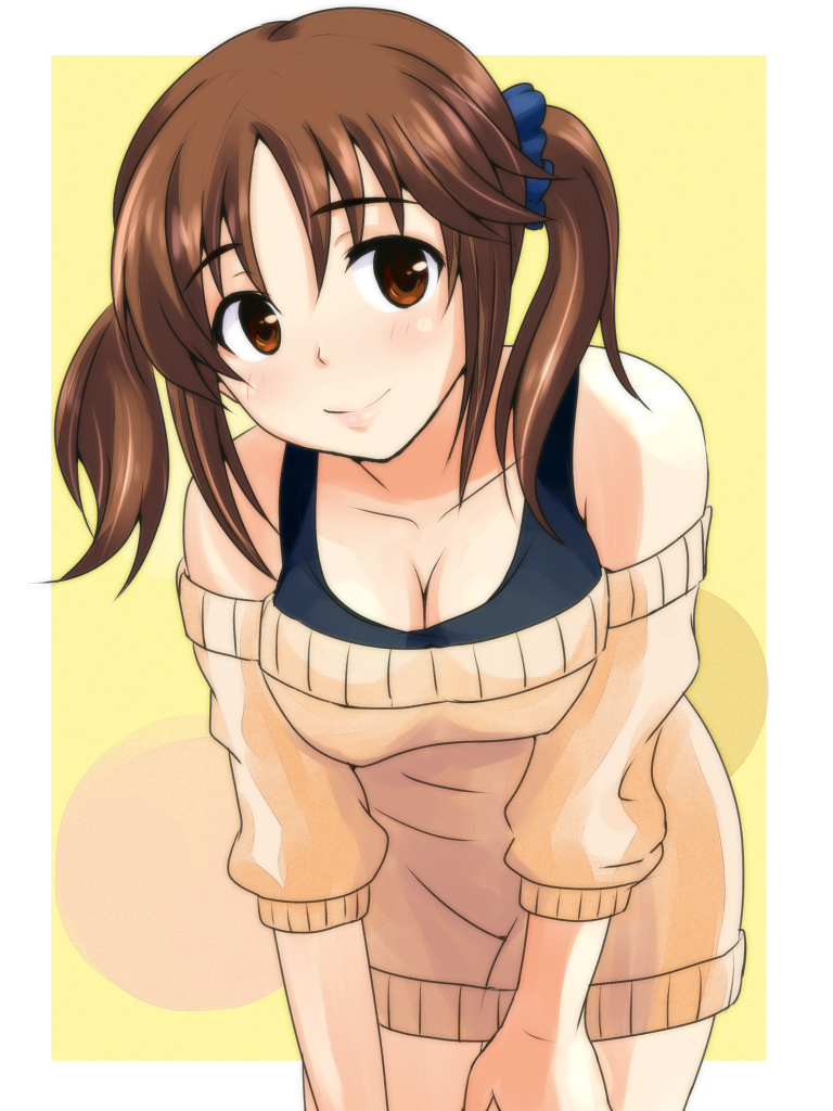 breasts, brown_eyes, brown_hair, cleavage, dress, idolmaster, idolmaster_cinderella_girls, leaning