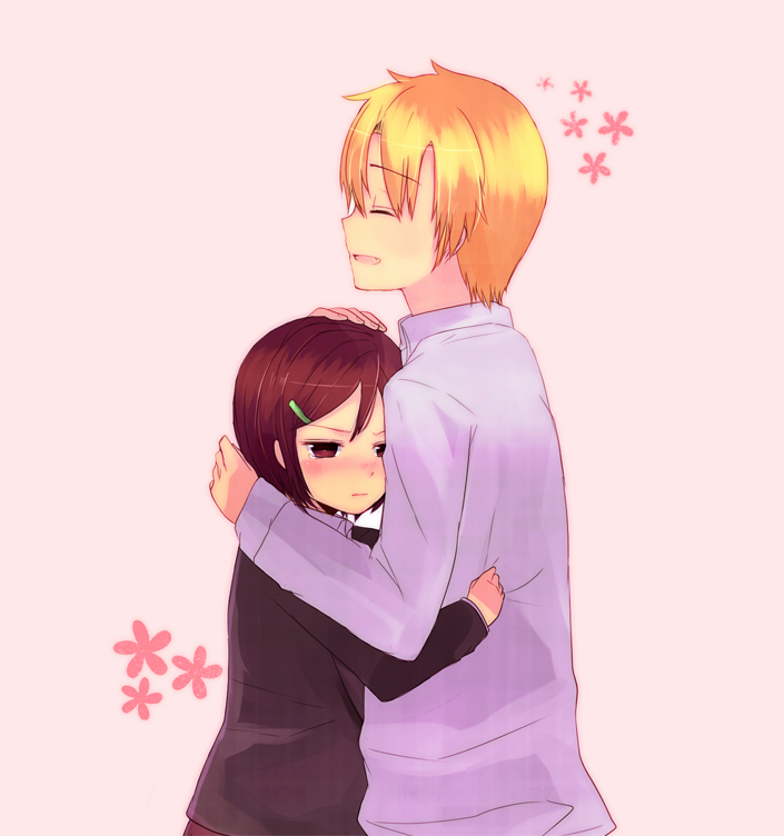 blonde_hair, blush, brown_hair, couple, danshi_koukousei_no_nichijou, hair_ornament, hairpin, hand_on_head
