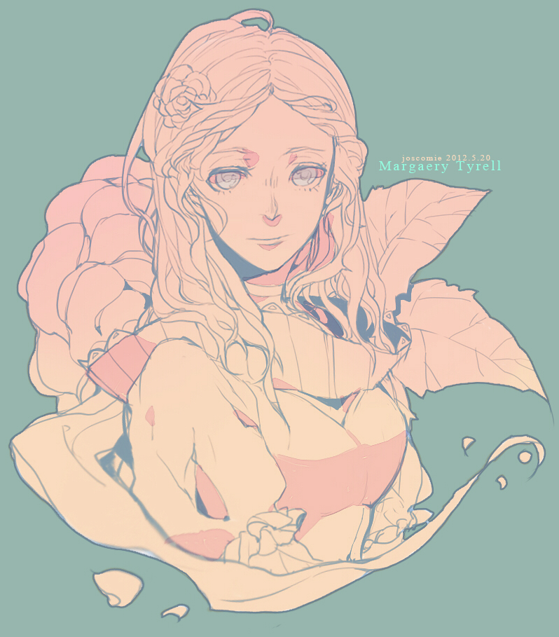 a_song_of_ice_and_fire, braid, character_name, collar, dress, flower, grey_eyes, josco, long_hair, margaery_tyrell, solo