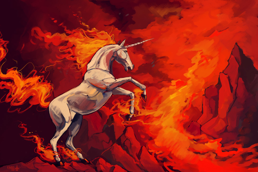 fiery_tail, fire, food, fruit, horn, horse, kimbo-demonica, mountain, no_humans, orange, pokemon, pokemon_(creature), rapidash, red, signature, solo, unicorn
