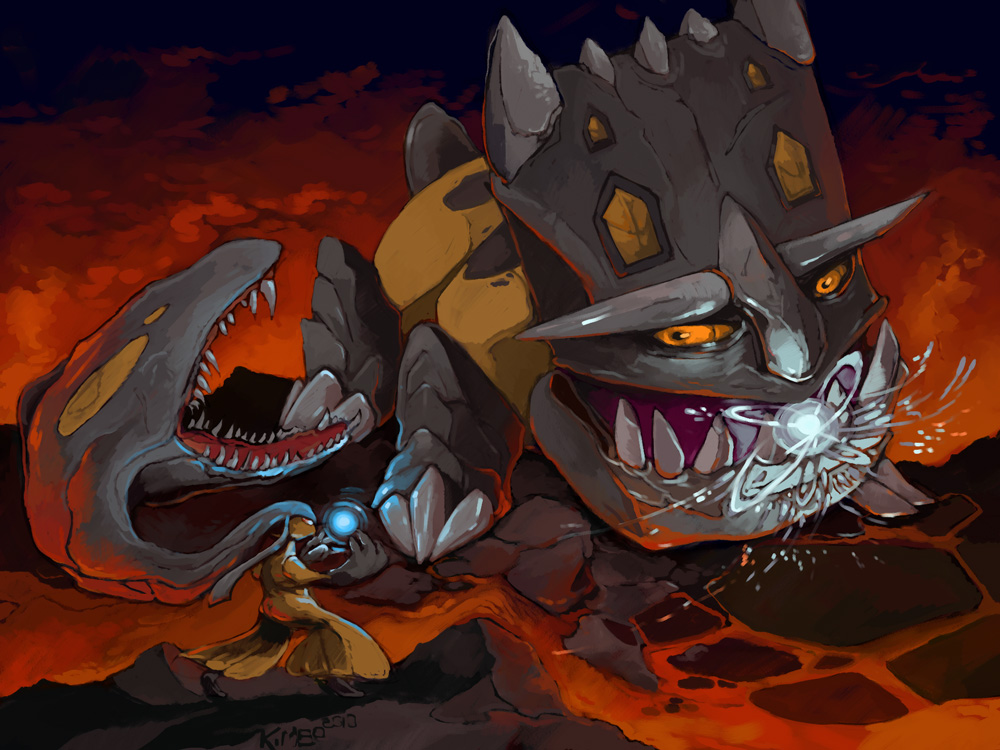 2010, bastiodon, battle, claws, energy_ball, epic, eye_contact, fangs, kimbo-demonica, mawile, molten_rock, no_humans, orange_eyes, orange_sky, outdoors, pokemon, pokemon_(creature), signature, standing, teeth