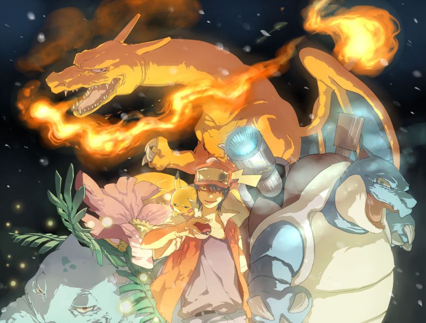 baseball_cap, black_hair, blastoise, charizard, creature, fire, flower, hat