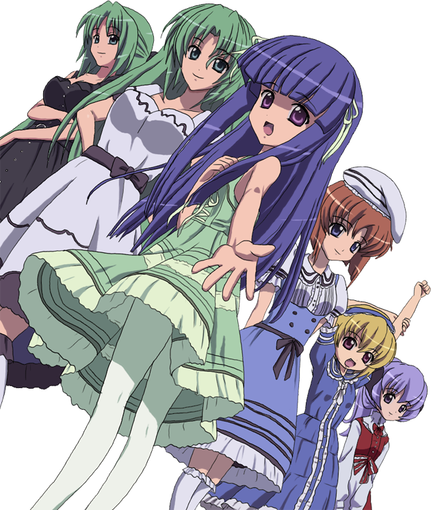 alternate_costume, arm_up, arms_behind_back, bangs, bare_shoulders, belt, blonde_hair, blue_eyes, blue_hair, blunt_bangs, bow, dress, dutch_angle, fang, furude_rika, green_eyes, green_hair, hair_between_eyes, hair_ribbon, hairband, half_updo, hand_on_own_chest, hands_on_hips, hanyuu, hat, higurashi_no_naku_koro_ni, horns, houjou_satoko, lolita_fashion, long_hair, looking_at_viewer, looking_away, multiple_girls, open_mouth, orange_hair, outstretched_hand, pantyhose, payot, ponytail, puffy_sleeves, purple_eyes, purple_hair, raised_arm, ribbon, ryuuguu_rena, short_hair, short_sleeves, siblings, simple_background, sisters, smile, sonozaki_mion, sonozaki_shion, standing, stretch, suitekachiyan, transparent_background, twins, v_arms, violet_eyes